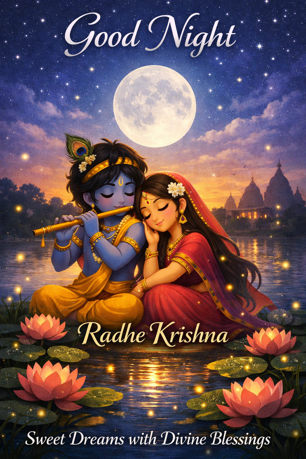Good Night Radha Krishna sitting under starry sky with full moon over Yamuna river and fireflies